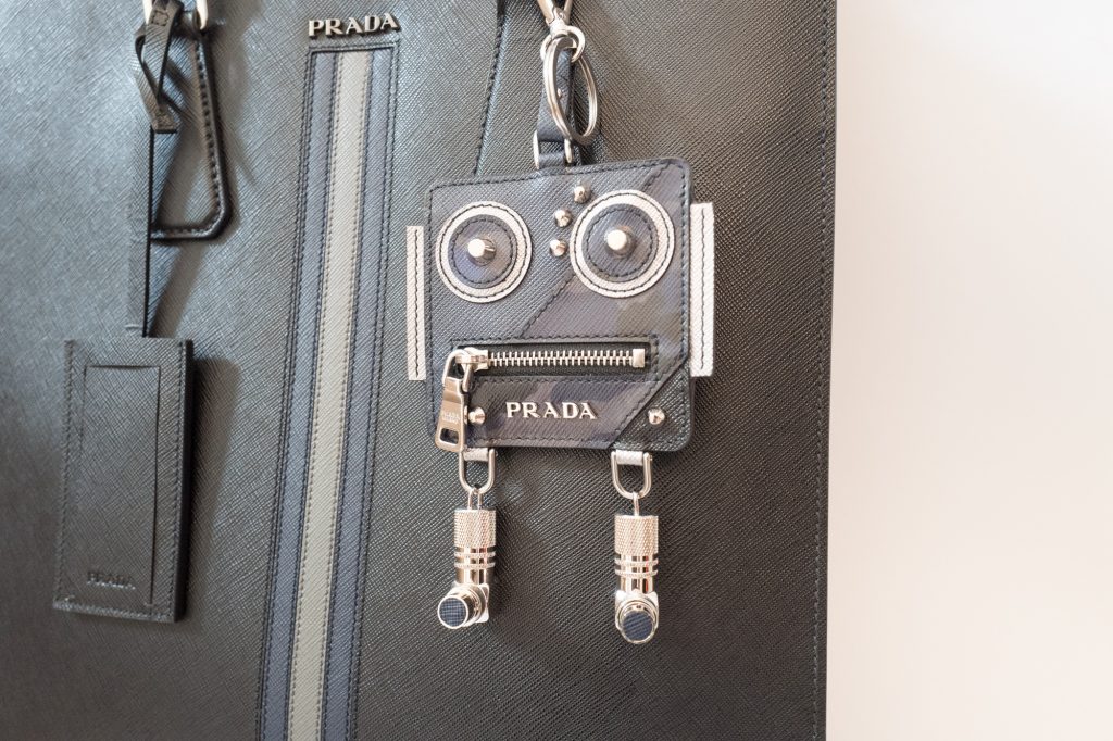 Prada leather robot ticket keyring