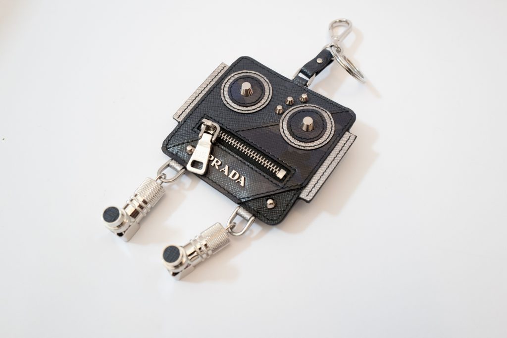 Prada leather robot ticket keyring