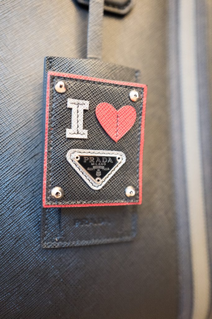 'I love Prada' velcro Saffiano leather badge