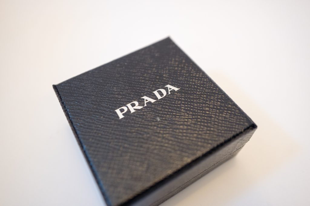 'I love Prada' velcro Saffiano leather badge