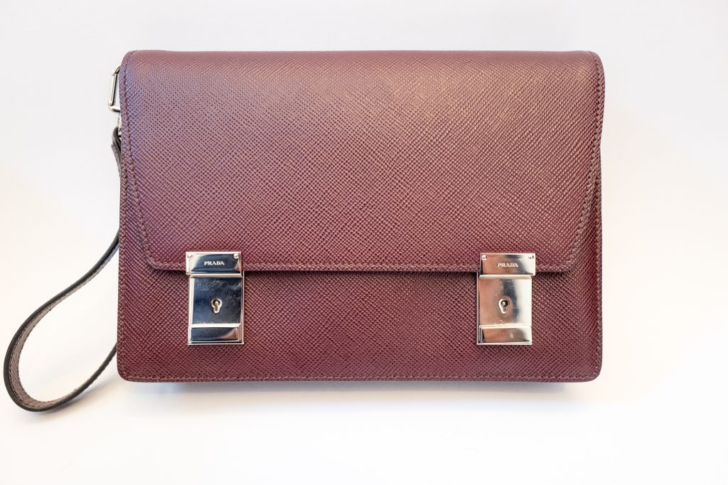 Prada mens garnet saffiano leather clutch bag