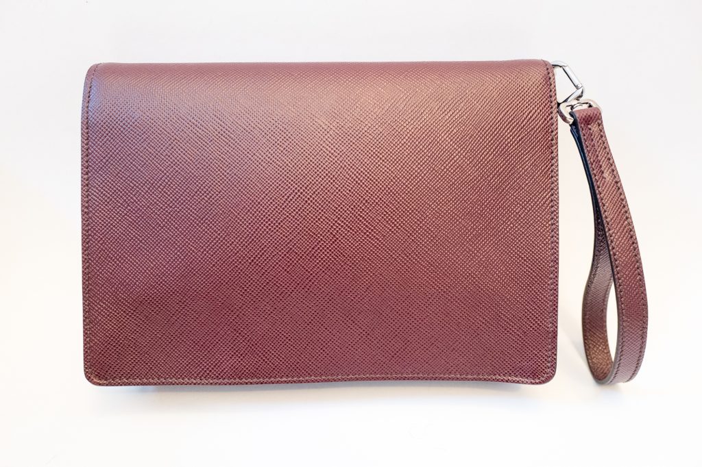 Prada mens garnet saffiano leather clutch bag